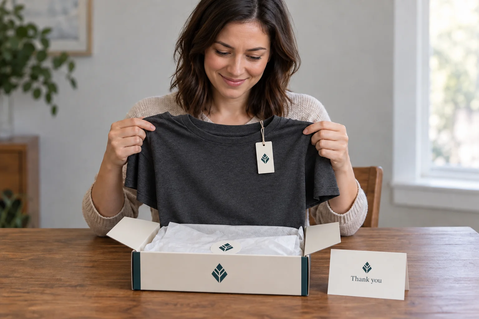 After: a delighted customer with an intact product, branded packaging and thank-you card.