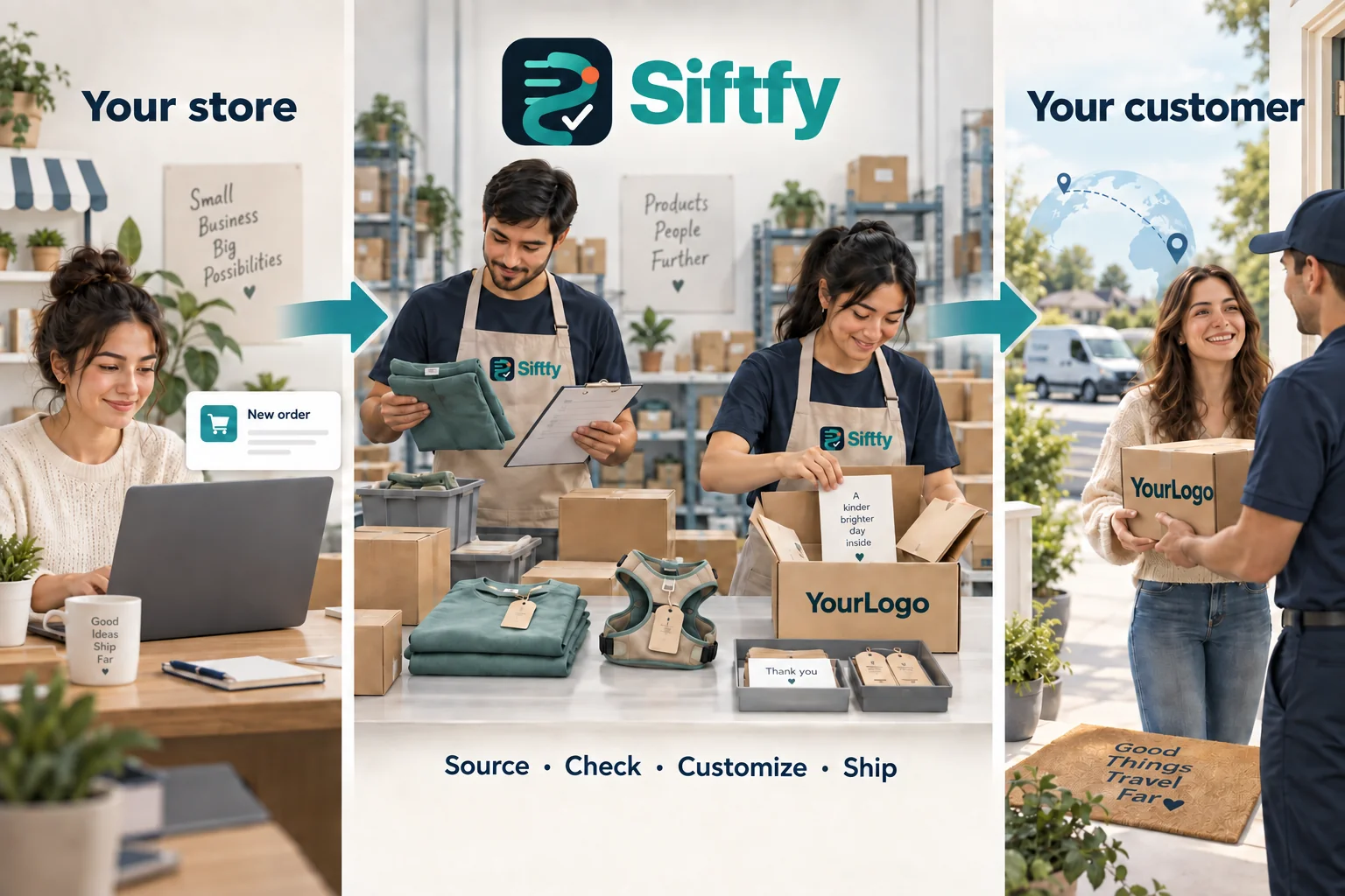 Siftfy sourcing, QC, packing, and fulfillment workflow illustration