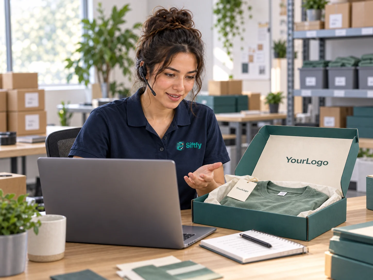 Siftfy advisor discussing a product sample and custom packaging